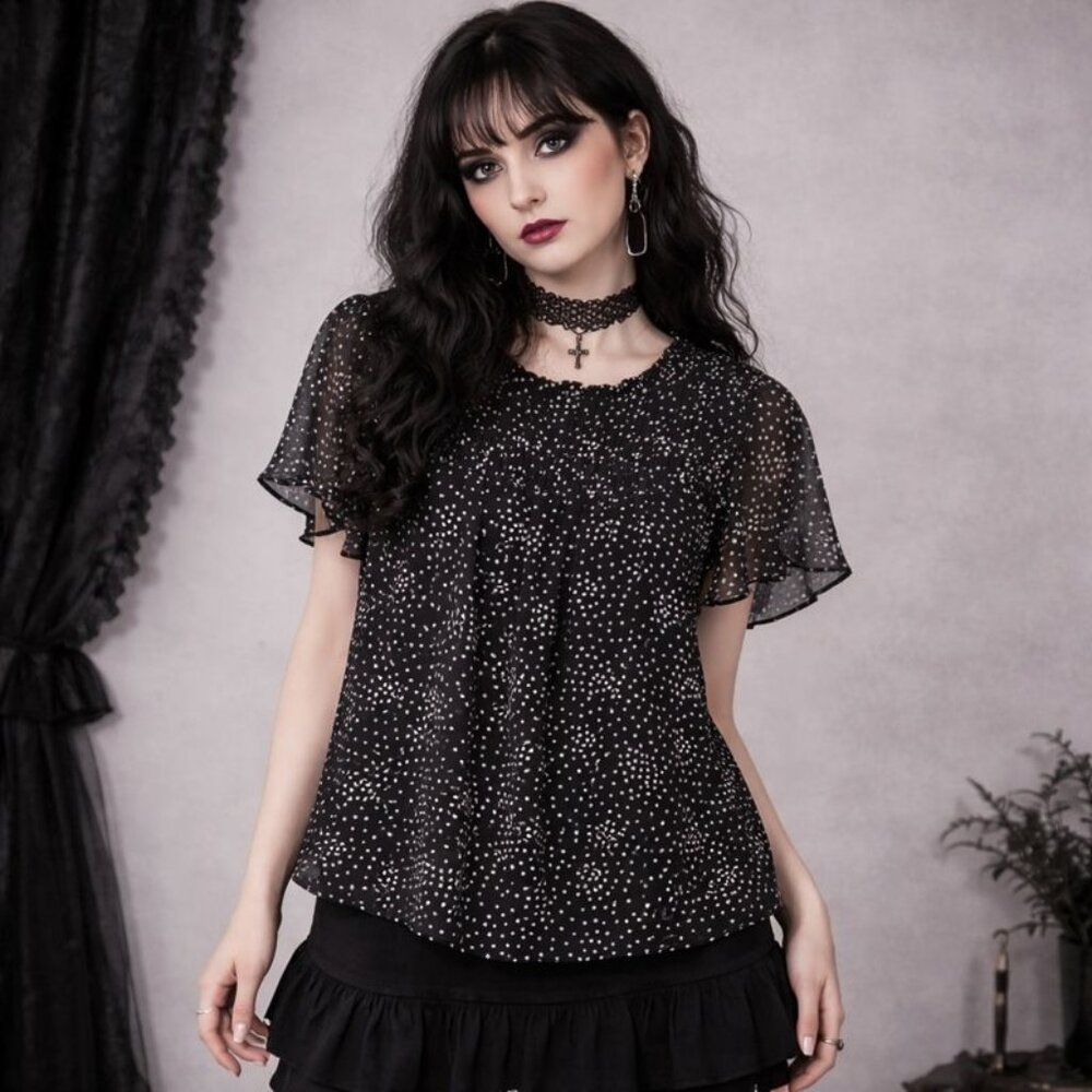 Torrid Chiffon Smocked Pintuck Flutter Short Sleeve Blouse Black & White Polka-D